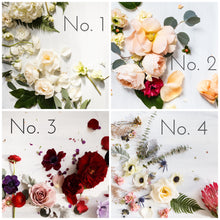 Flowers depicting four color palettes: green and white (no. 1), blush and peach (no. 2), marsala and plum (no.3), and protea and anemones (no. 4)